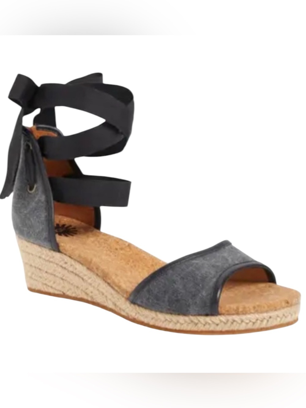 UGG "Amell" Espadrille Wedge Sandals Black Gray Zip Back Wraparound Tie Size 6.5